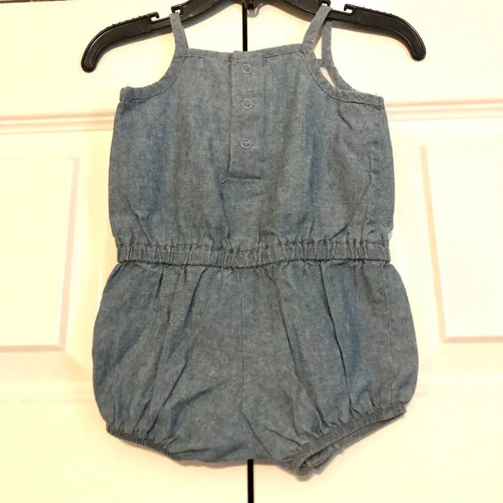 NWT CARTER'S Embroidered Chambray Blue Romper Baby Girl 6M
